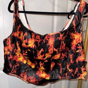Black Crop Top with Red & Yellow Flame Print